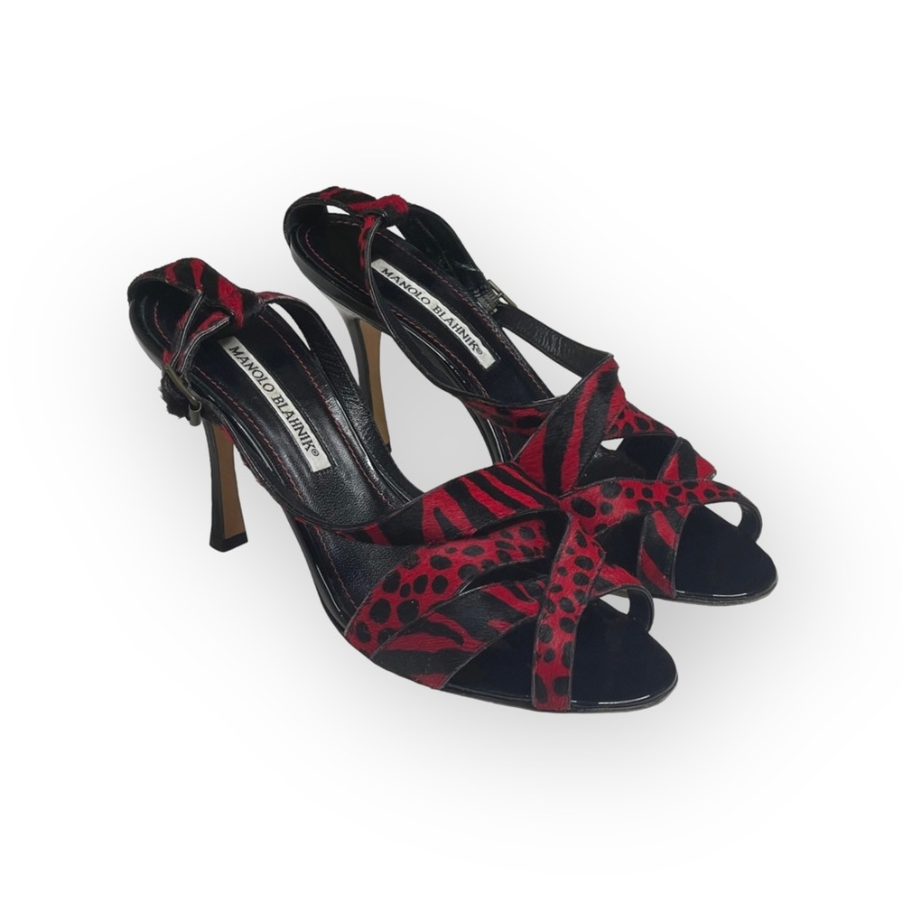 Manolo Blahnik โ Animal Printed Calf Hair Slingback Stiletto Sandals โ Black Red - Picture 10 of 17